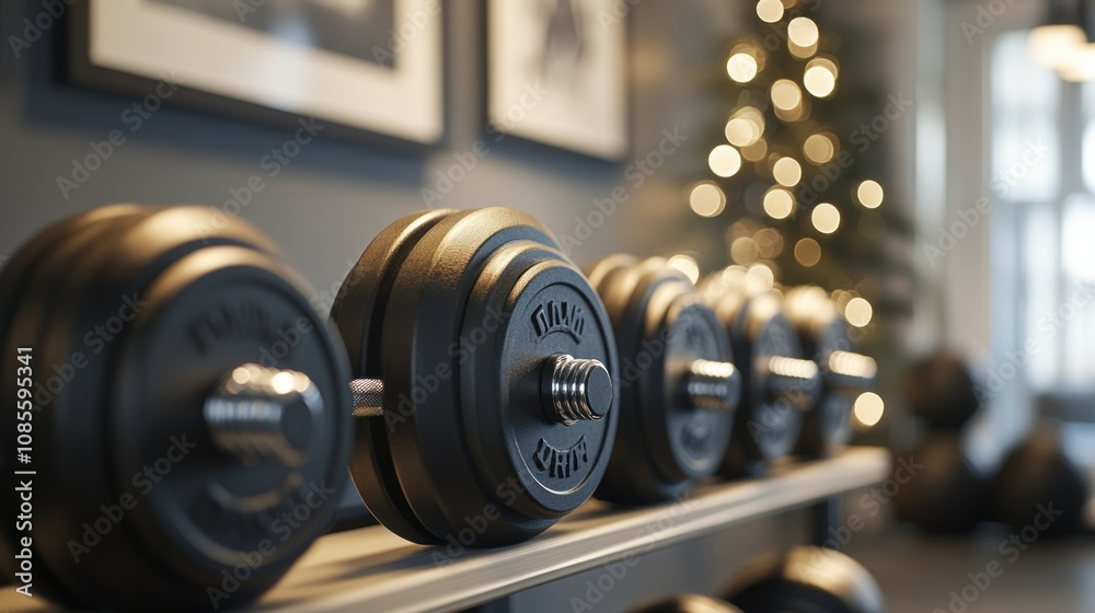 Fototapeta premium Dumbbells lined up in a fitness space.