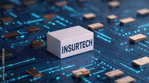 A modern representation of Insurtech, featuring a cube labeled 'INSURTECH' on a circuit board, symbolizing the intersection of insurance and technology.