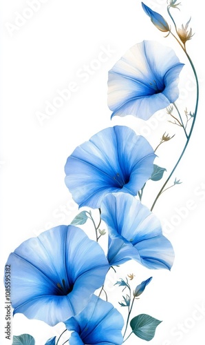 Watercolor Morning Glories on White Background Minimalist Floral Art