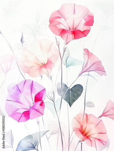 Watercolor Morning Glories on White Background Minimalist Floral Art