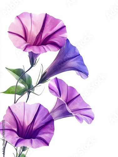 Watercolor Morning Glories on White Background Minimalist Floral Art