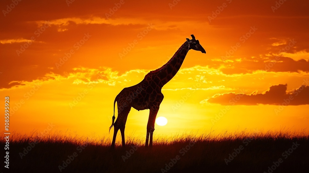 Majestic Giraffe Silhouetted Against Vibrant Sunset Horizon Majestic Giraffe Silhouetted Against Vibrant Sunset Horizon