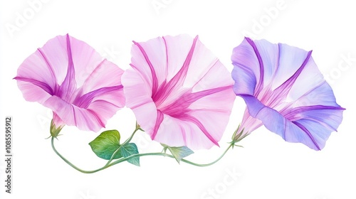 Watercolor Morning Glories on White Background Minimalist Floral Art