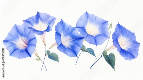 Watercolor Morning Glories on White Background Minimalist Floral Art