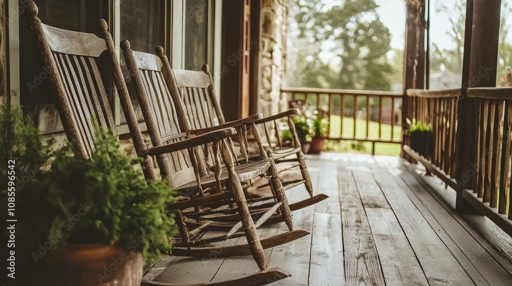 Cozy Wooden Rocking Chairs on a Front Porch Cozy Wooden Rocking Chairs on a Front Porch