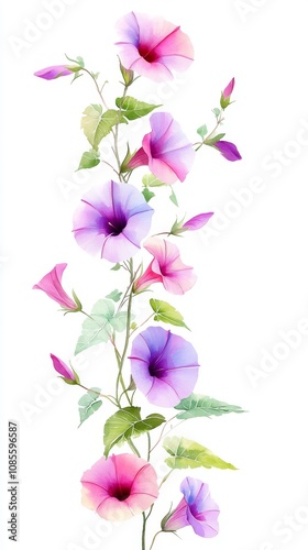 Watercolor Morning Glories on White Background Minimalist Floral Art