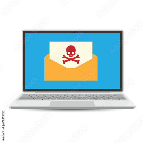 Spam email warning message, notification alert on laptop screen