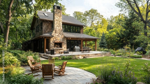 Cozy Backyard with Stone Fireplace and Natural Surroundings