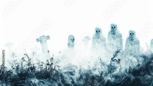 Ghostly figures haunting cemetery spooky atmosphere digital art eerie landscape cinematic viewpoint supernatural concept