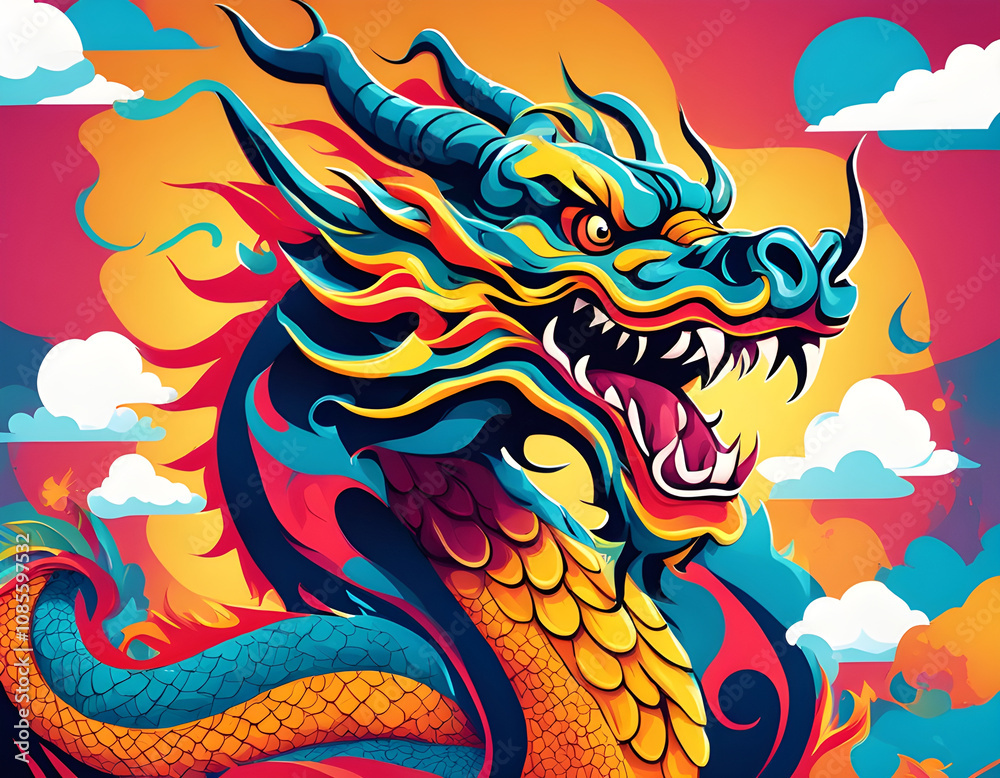 colorful Chinese Dragon with cool isolated pop art style background colorful Chinese Dragon with cool isolated pop art style background