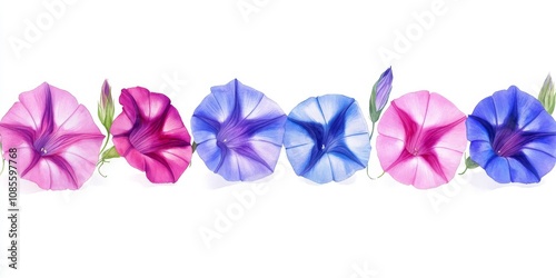 Watercolor Morning Glories on White Background Minimalist Floral Art