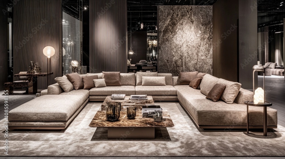 Modern Living Room Interior with Cozy Sectional Sofa in Neutral Tones, Elegant Coffee Table, Soft Lighting, and Contemporary Decor Elements Modern Living Room Interior with Cozy Sectional Sofa in Neutral Tones, Elegant Coffee Table, Soft Lighting, and Contemporary Decor Elements
