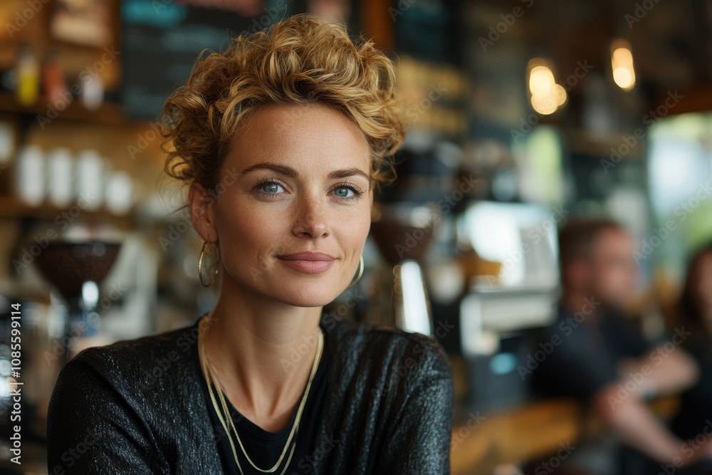 Confident Woman with Curly Hair in Coffee Shop Portrait Casual Relaxed Confident Woman with Curly Hair in Coffee Shop Portrait Casual Relaxed