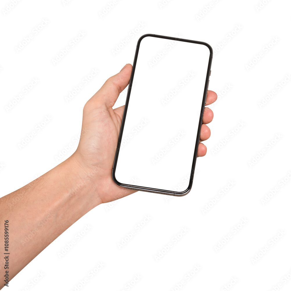 Hand showing smartphone with blank screen isolated on white background.