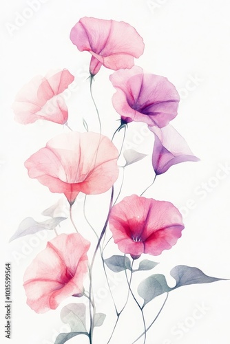Watercolor Morning Glories on White Background Minimalist Floral Art