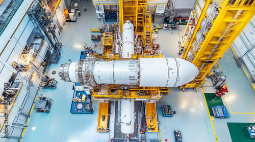 Rocket assembly facility with engineers working on advanced space technology, showcasing innovation and progress in aerospace engineering.