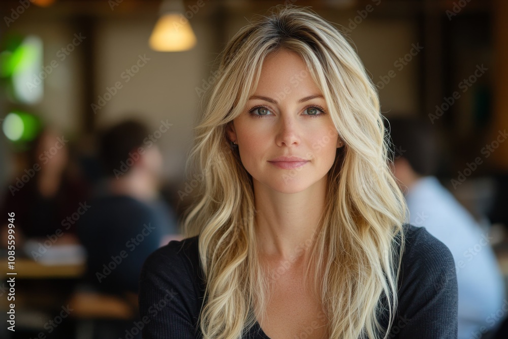 Portrait of a Confident Young Woman with Long Blonde Hair in a Modern Cafe Setting Portrait of a Confident Young Woman with Long Blonde Hair in a Modern Cafe Setting