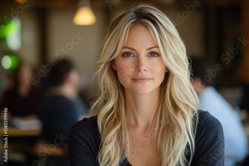 Portrait of a Confident Young Woman with Long Blonde Hair in a Modern Cafe Setting