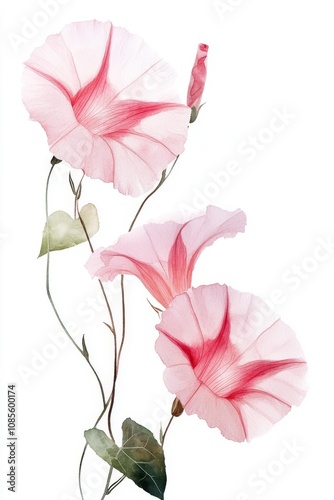 Watercolor Morning Glories on White Background Minimalist Floral Art