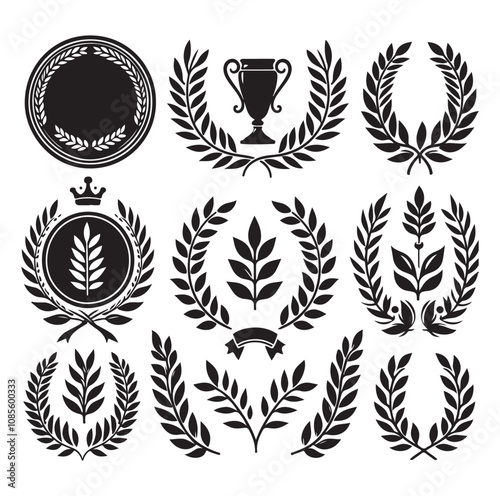 laurel wreath Vector Black silhouettes icon set.