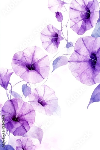 Watercolor Morning Glories on White Background Minimalist Floral Art