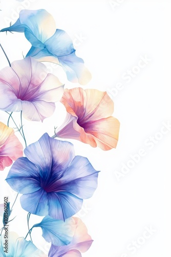 Watercolor Morning Glories on White Background Minimalist Floral Art