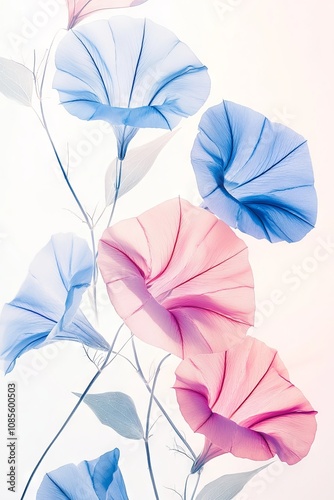 Watercolor Morning Glories on White Background Minimalist Floral Art