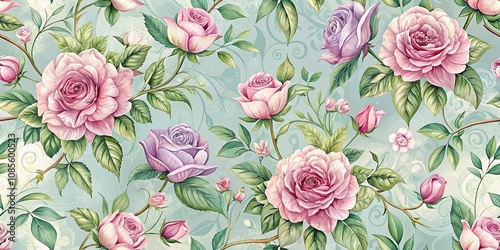 A Delicate Floral Pattern of Pink and Purple Roses with Lush Green Foliage on a Pastel Blue Background