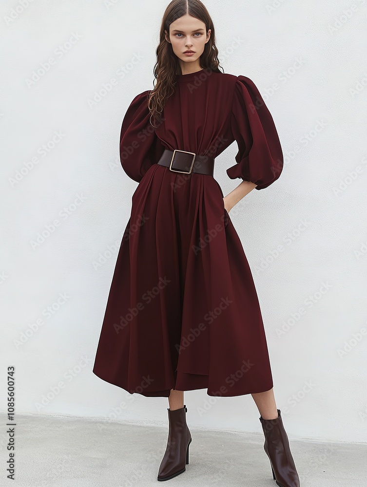Woman in flowing maroon dress with belt on light background. Woman in flowing maroon dress with belt on light background.
