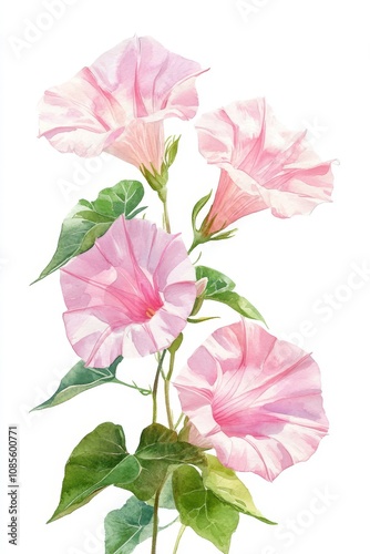 Watercolor Morning Glories on White Background Minimalist Floral Art