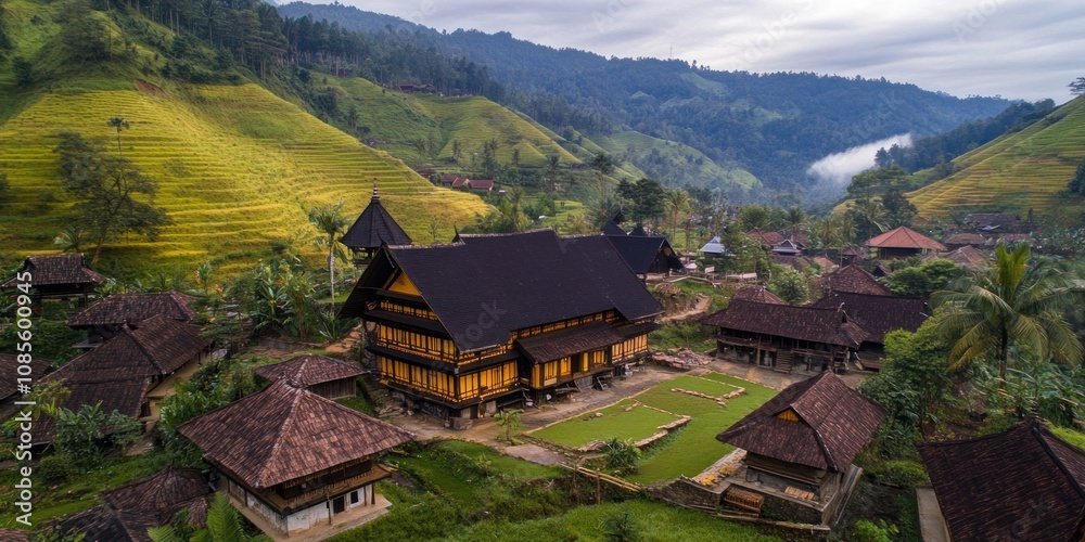 custom made wallpaper toronto digitalAerial view of a traditional village surrounded by lush hills and rice terraces.