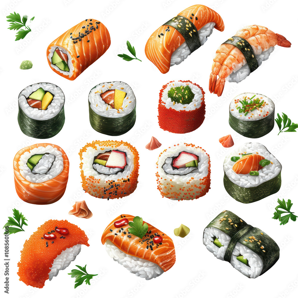 Assorted sushi rolls with vibrant toppings, fresh ingredients, artistic presentation, garnished with herbs Isolated on white background or PNG Assorted sushi rolls with vibrant toppings, fresh ingredients, artistic presentation, garnished with herbs Isolated on white background or PNG