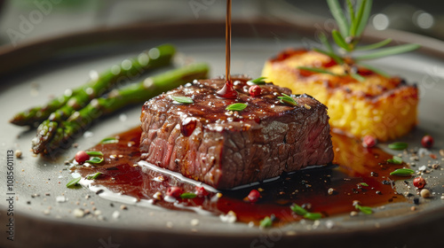 A single slice of Beef Wellington levitating with layers of puff pastry, tender fillet steak, mushroom duxelles, red wine reduction sauce, and roasted vegetables. photo