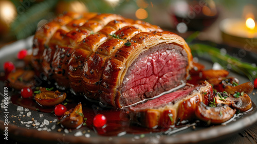 A single slice of Beef Wellington levitating with layers of puff pastry, tender fillet steak, mushroom duxelles, red wine reduction sauce, and roasted vegetables. photo