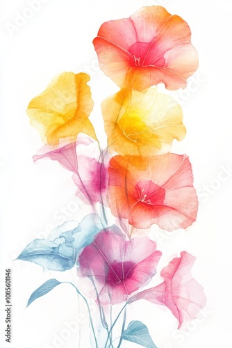Watercolor Morning Glories on White Background Minimalist Floral Art