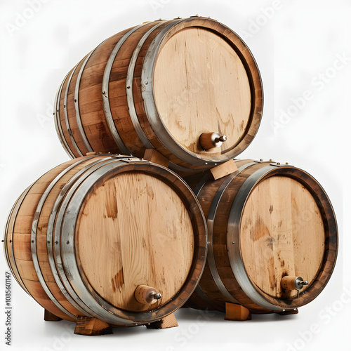 wine production four . wooden barrels with alcoholic with white shades, photo, png photo