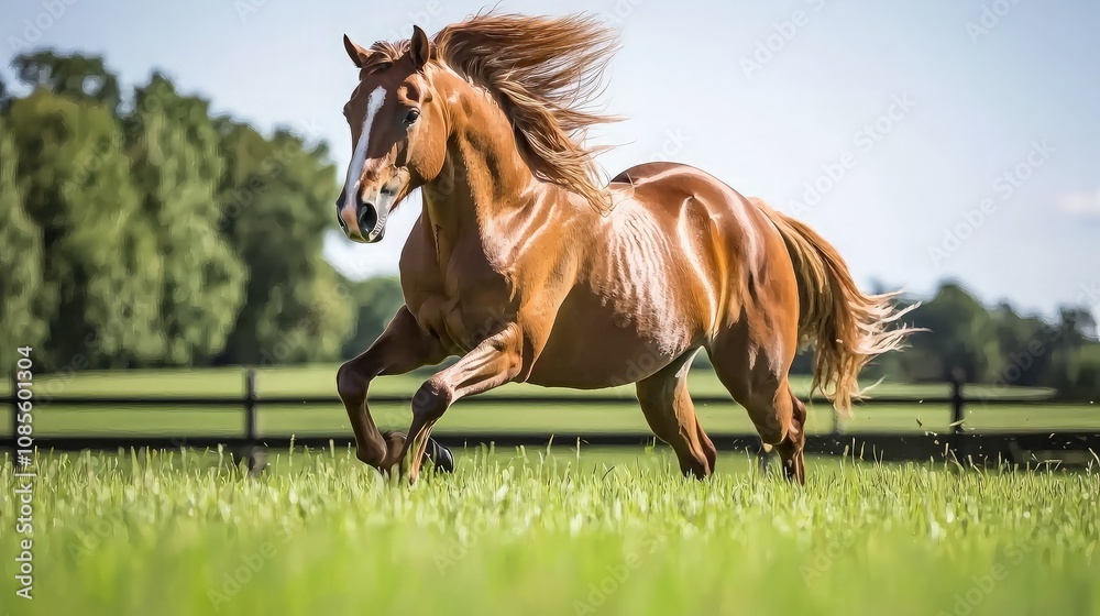 Chestnut horse galloping in a green pasture. Chestnut horse galloping in a green pasture.