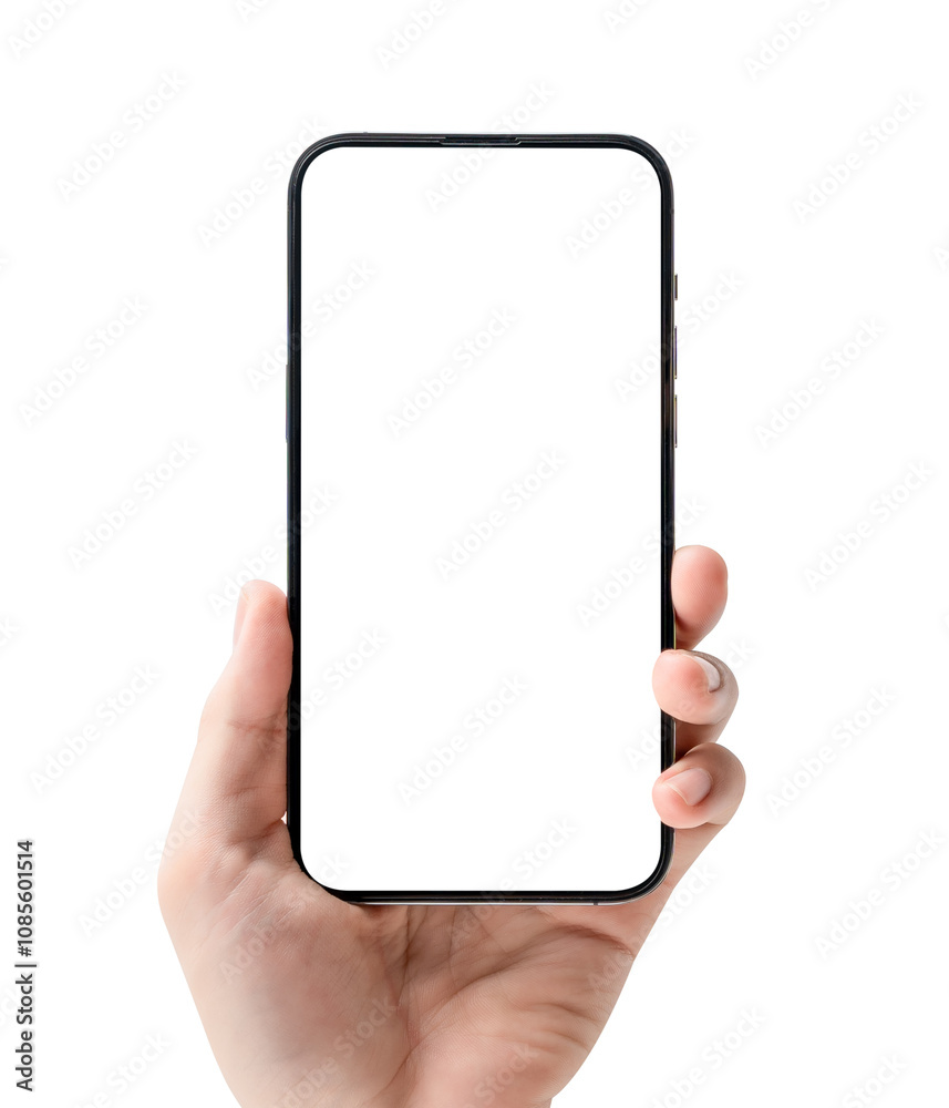 Hand showing smartphone with blank screen isolated on white background. Hand showing smartphone with blank screen isolated on white background.