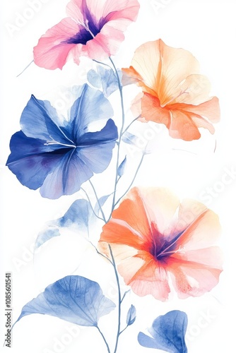 Watercolor Morning Glories on White Background Minimalist Floral Art