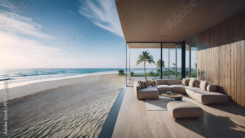 house with lounge chairs on the beach