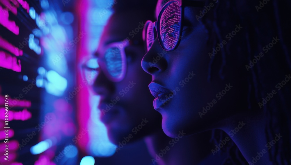 two people wearing glasses, with holographic code and data floating around them in the background two people wearing glasses, with holographic code and data floating around them in the background