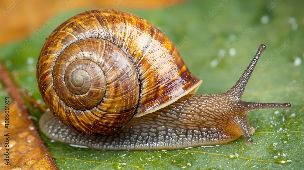 Close-up of a garden snail crawling on a green leaf. Close-up of a garden snail crawling on a green leaf.