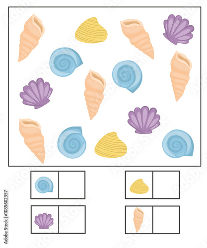 I can spy worksheet for kids, how many printable for kindergarten, i can spy worksheet with shell theme, counting worksheet 