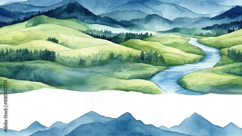 Wallpaper Mural Watercolor seamless pattern featuring a vibrant landscape with a flowing river lush green banks and distant dark blue mountains Torontodigital.ca