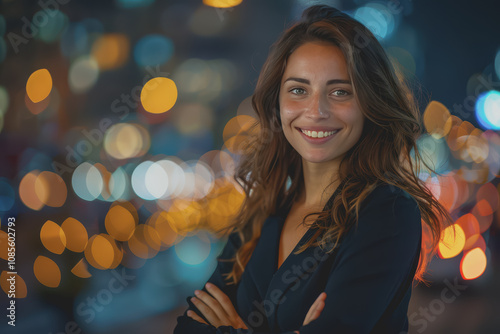 Young businesswoman standing with arms crossed and smiling confidently from consulting work.