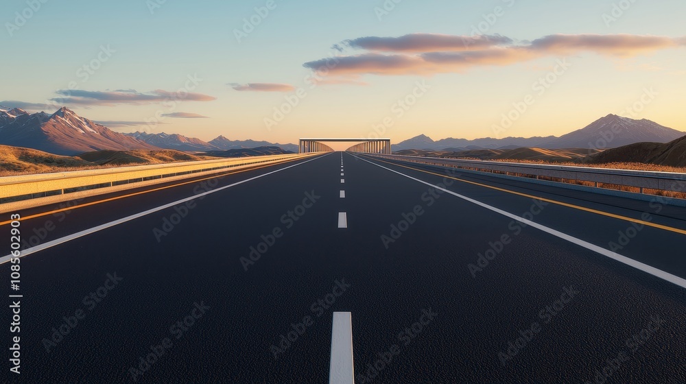 Naklejka premium A serene highway stretching towards distant mountains under a clear sky, illuminated by warm sunset hues.