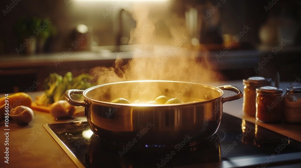 Steam Rising from a Pot of Cooking Vegetables on a Modern Kitchen Stove with Soft Lighting Enhancing the Warm Atmosphere of Home Cooking and Culinary Creativity Steam Rising from a Pot of Cooking Vegetables on a Modern Kitchen Stove with Soft Lighting Enhancing the Warm Atmosphere of Home Cooking and Culinary Creativity