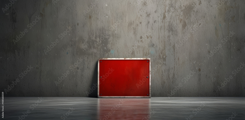 empty big red board sign in front of gray wall. Modern art decor angle of street house. Bumpy vintage facing worn 3D design empty big red board sign in front of gray wall. Modern art decor angle of street house. Bumpy vintage facing worn 3D design