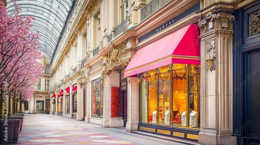 Obraz premium Elegant Parisian shopping arcade with blooming trees and upscale boutiques.