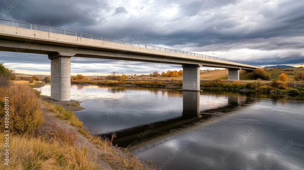 A scenic view of a bridge spanning a calm river, surrounded by lush vegetation under a cloudy sky, reflecting nature A scenic view of a bridge spanning a calm river, surrounded by lush vegetation under a cloudy sky, reflecting nature